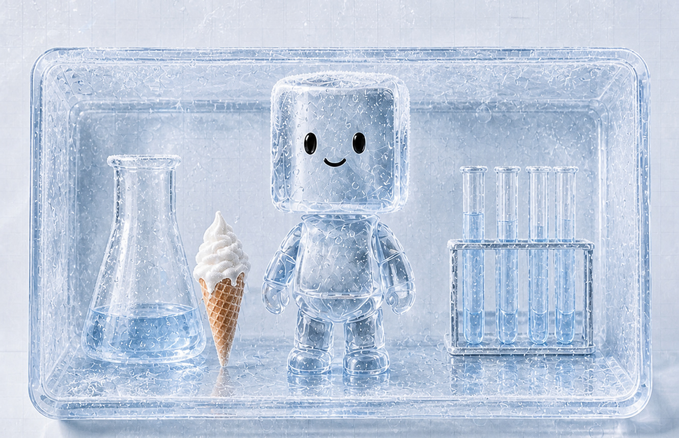 Frozen MELTO standing inside an icy laboratory tray